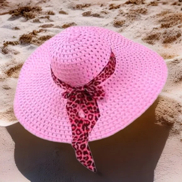 PINK SUN HAT WITH LEOPARD RIBBON - Picture 3 of 7